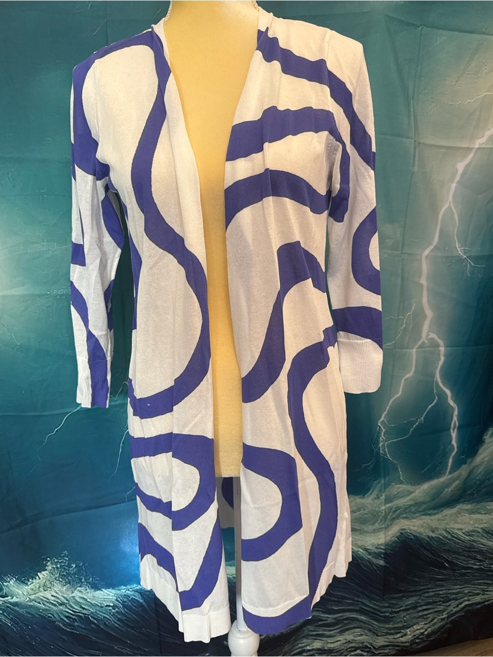 Chico's White and Purple Open-Front Long Cardigan